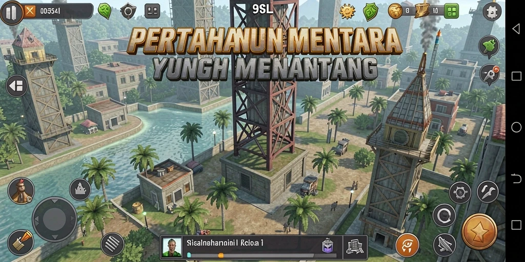 Tangkapan layar utama 9SL menampilkan gameplay menara pertahanan yang seru.