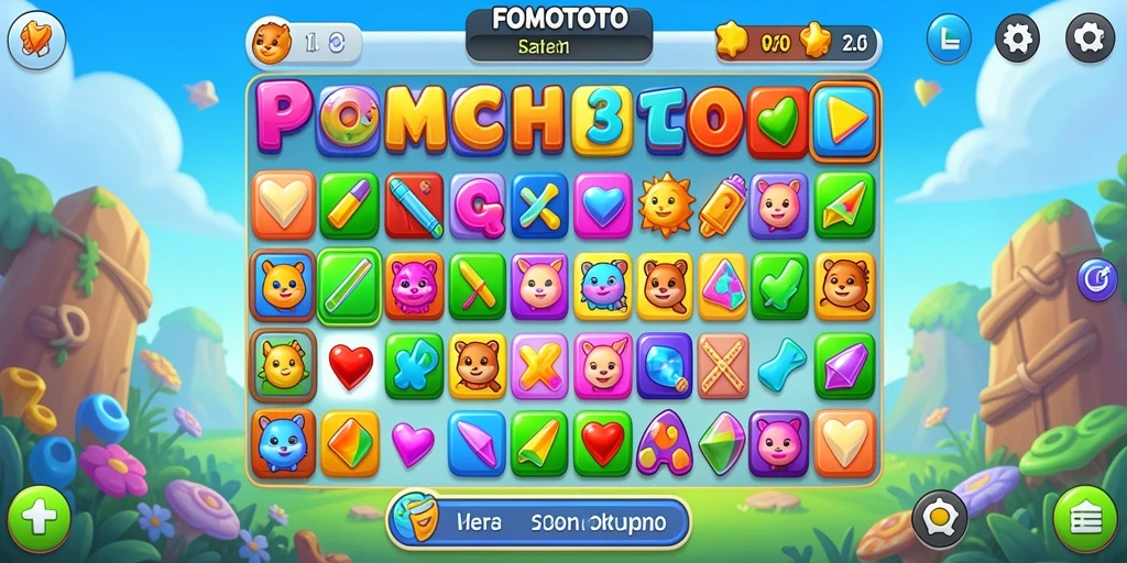 Screenshot FOMOTOTO menampilkan gameplay seru Match-3 dengan grafik menarik.