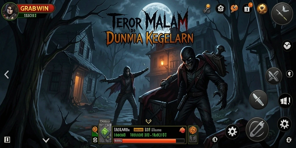 Tampilan gameplay mengerikan di GRABWIN dengan suasana mencekam.