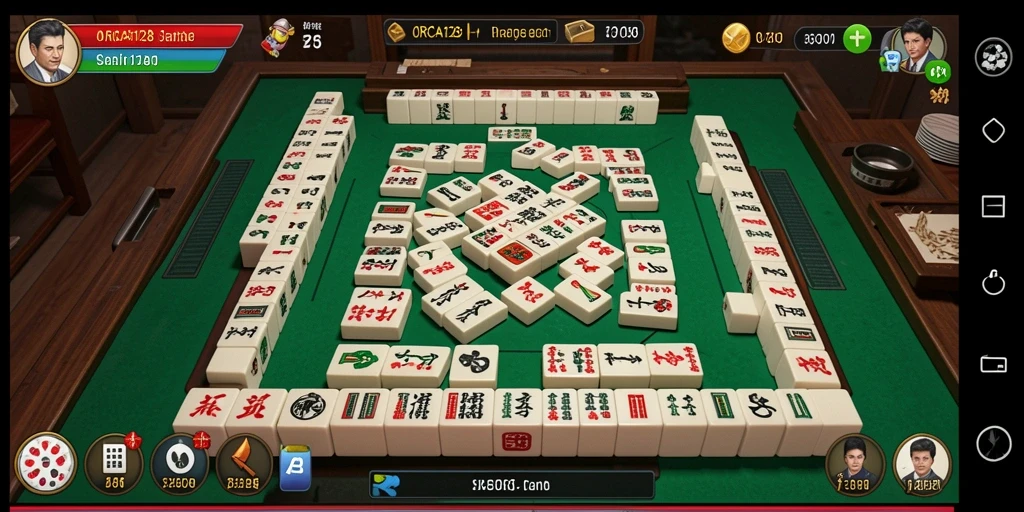Tampilan gameplay menegangkan dalam ORCA128 dengan ubin Mahjong berwarna-warni.