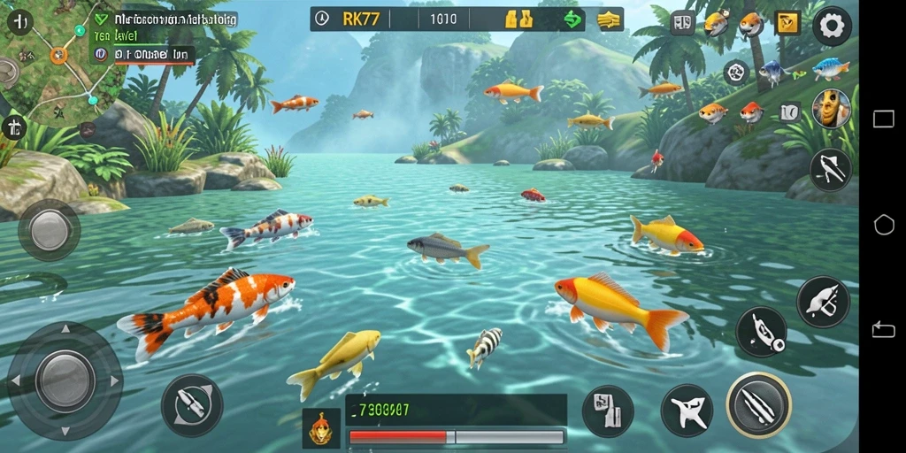 Tampilan gameplay RK77 yang menarik dan mempesona dengan berbagai ikan.