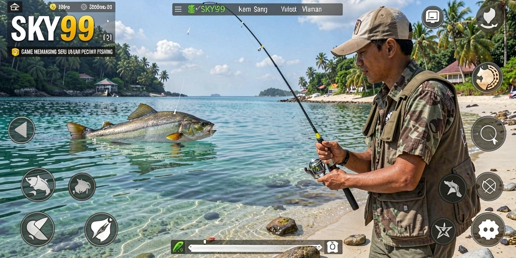 Tampilan gameplay SKY99 yang menampilkan sesi memancing seru.
